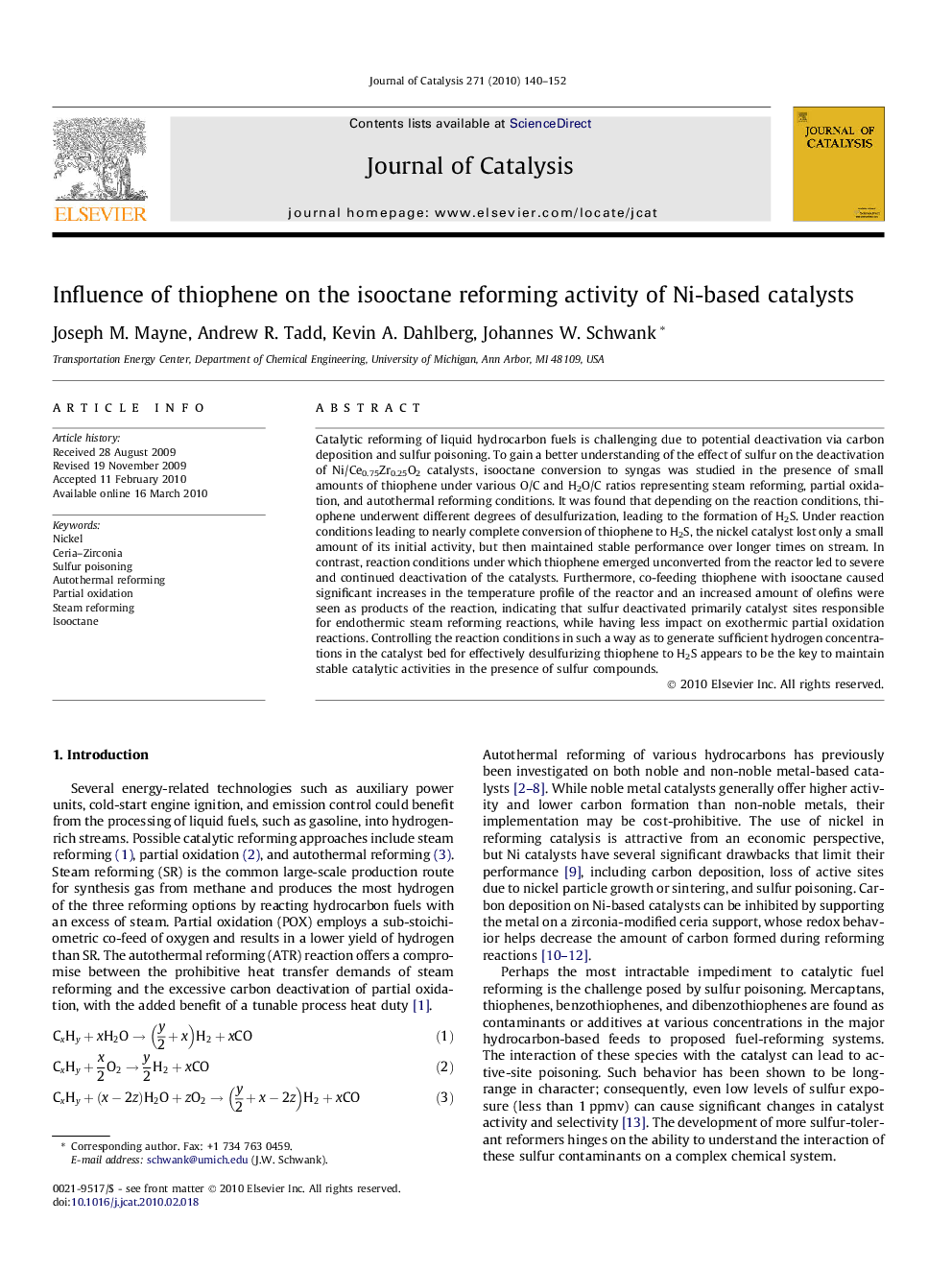 Influence of thiophene on the isooctane reforming activity of Ni-based catalysts