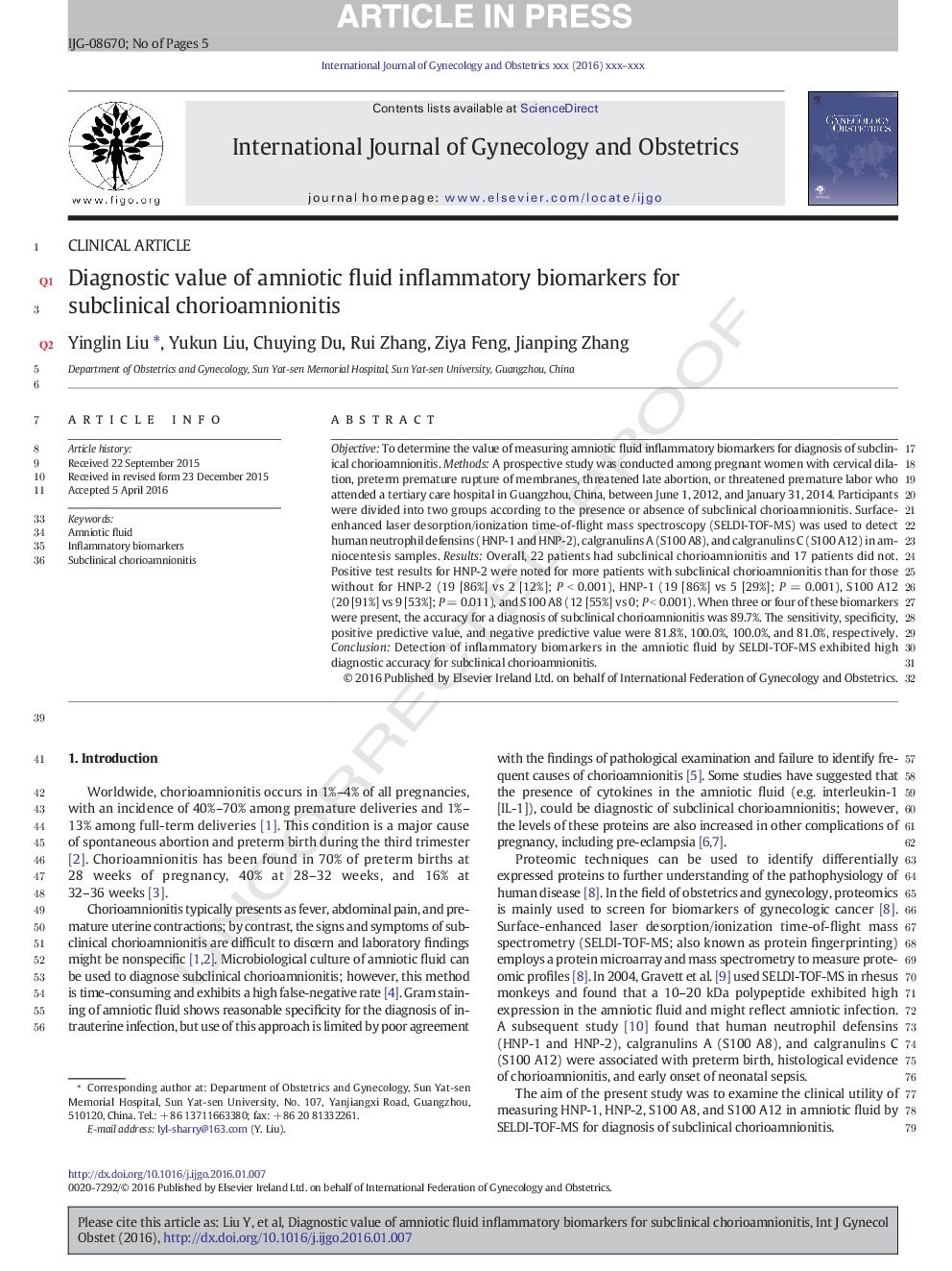 Diagnostic value of amniotic fluid inflammatory biomarkers for subclinical chorioamnionitis