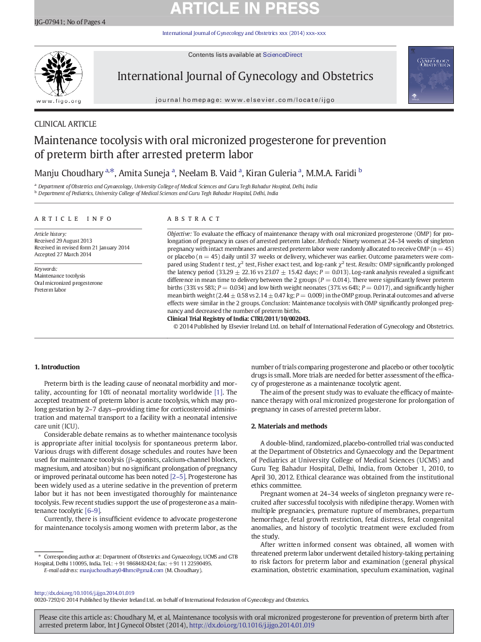 Maintenance tocolysis with oral micronized progesterone for prevention of preterm birth after arrested preterm labor