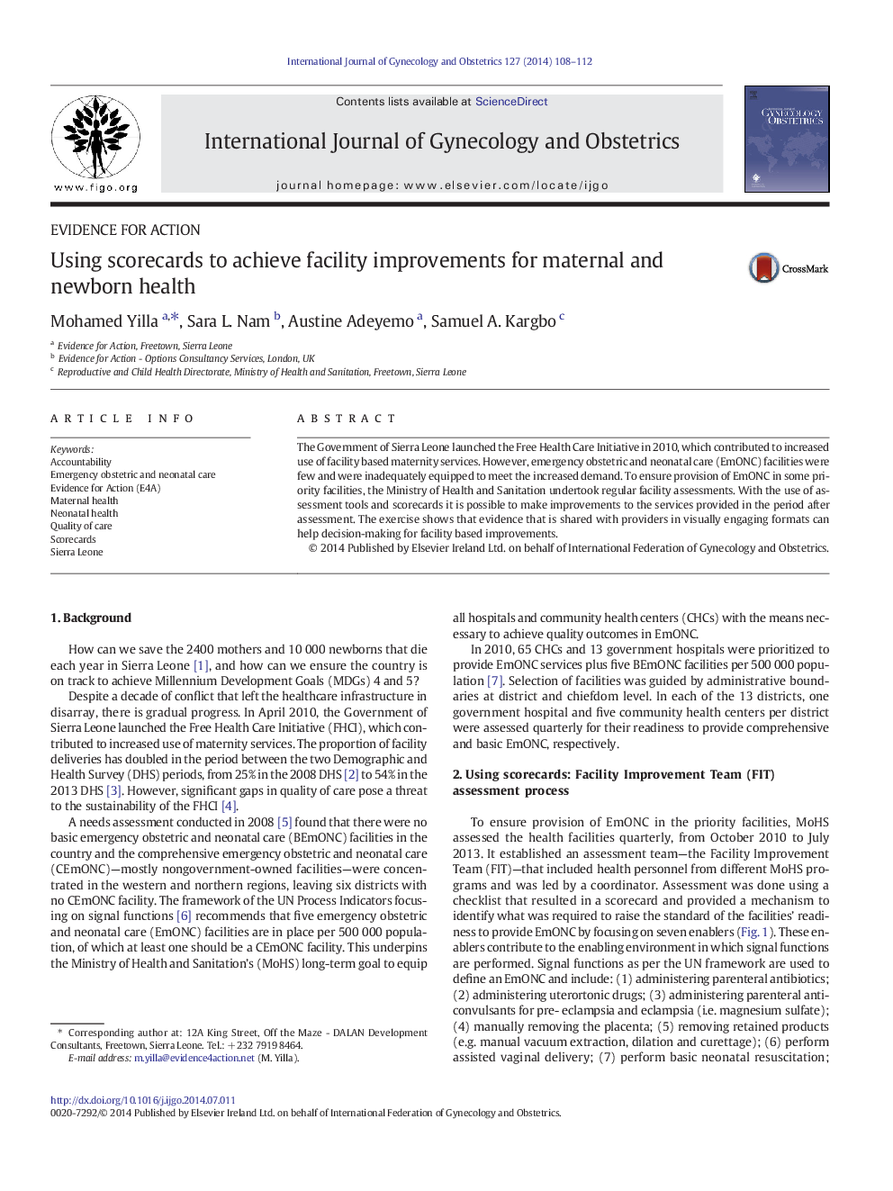 Using scorecards to achieve facility improvements for maternal and newborn health