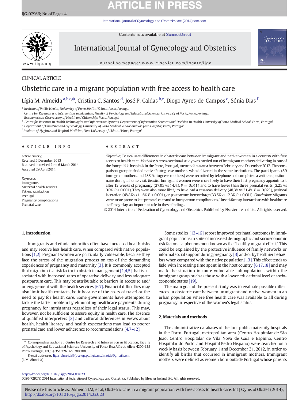 Obstetric care in a migrant population with free access to health care