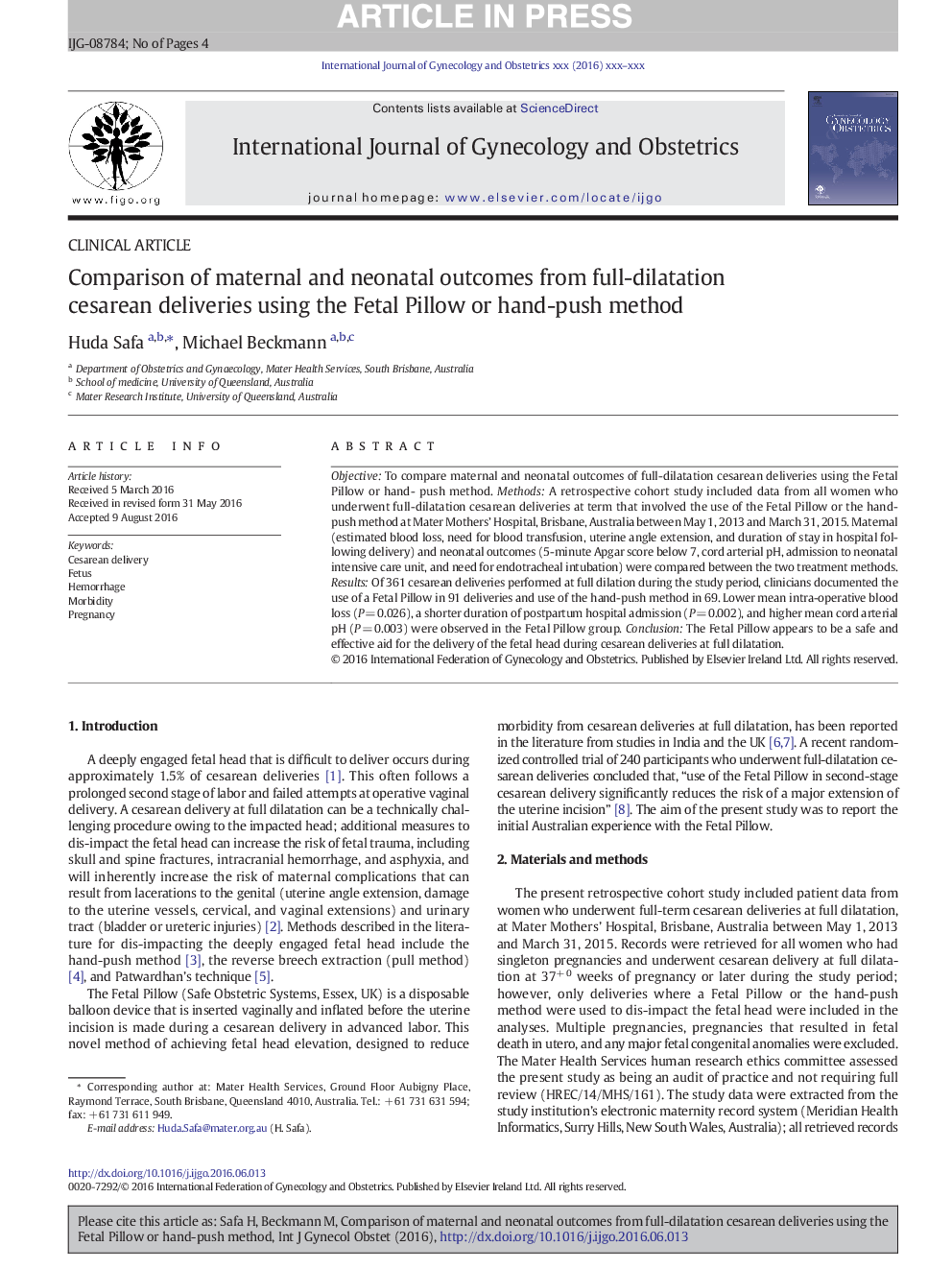 Comparison of maternal and neonatal outcomes from full-dilatation cesarean deliveries using the Fetal Pillow or hand-push method