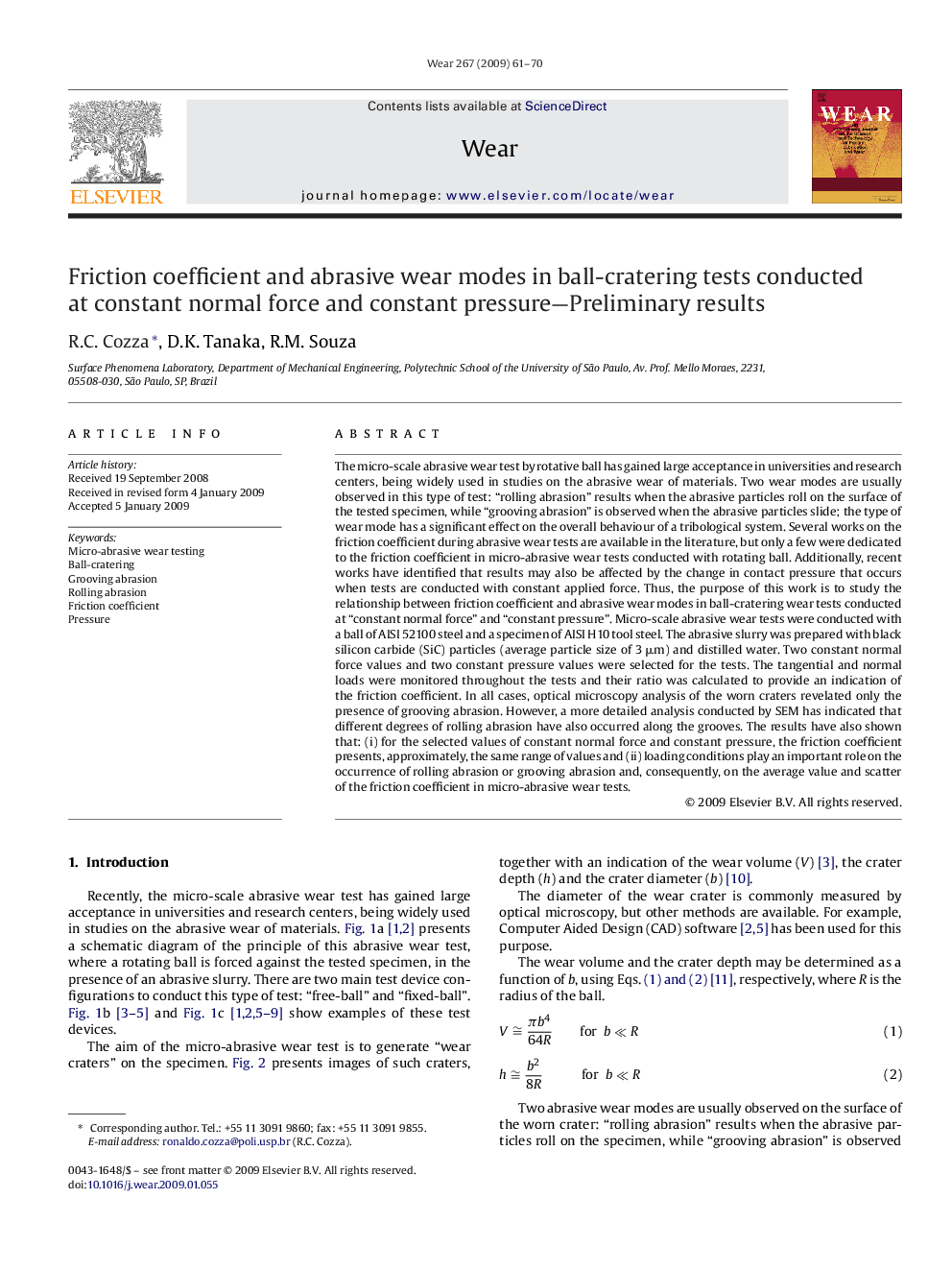 Friction coefficient and abrasive wear modes in ball-cratering tests conducted at constant normal force and constant pressure—Preliminary results