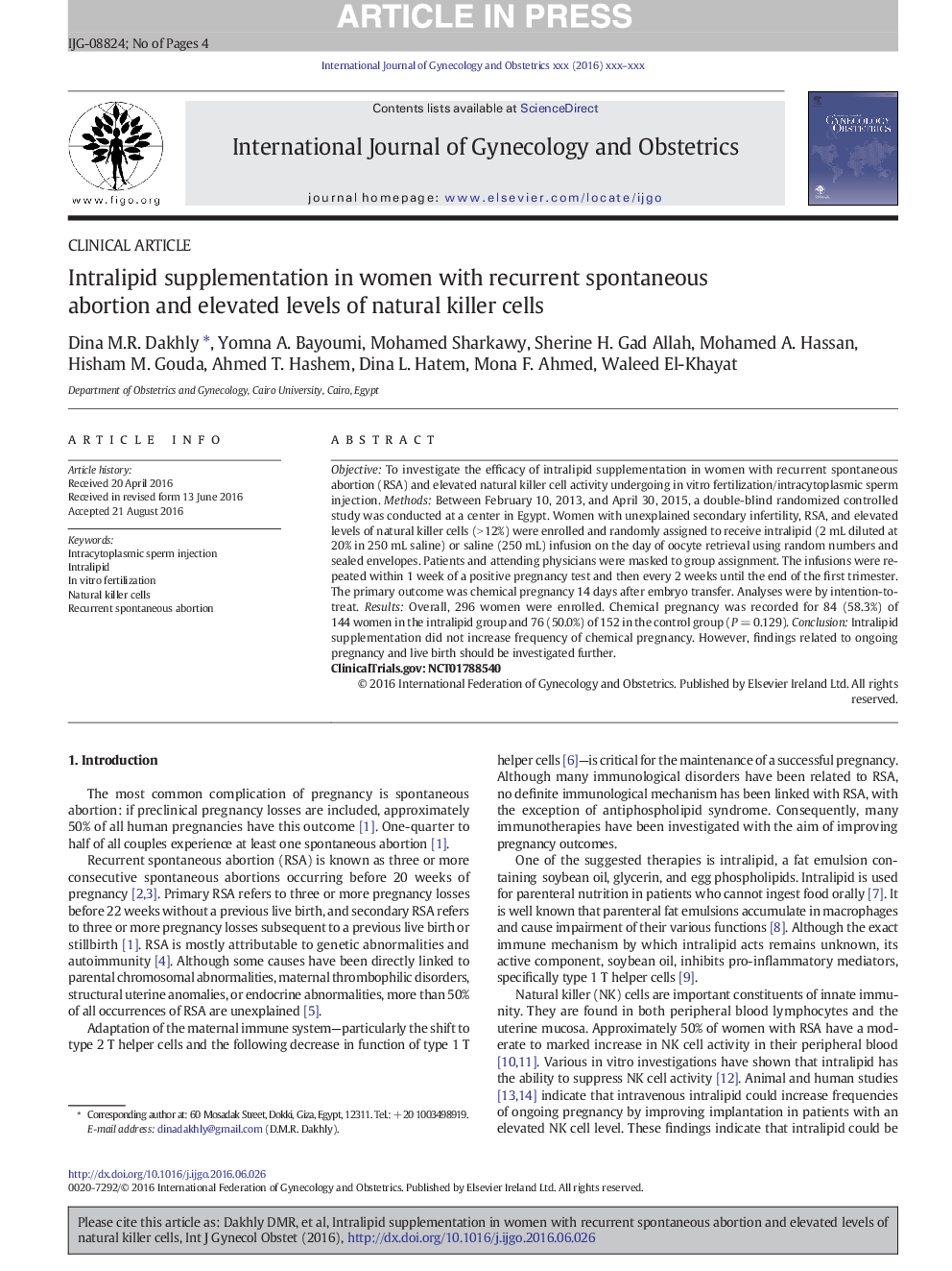 Intralipid supplementation in women with recurrent spontaneous abortion and elevated levels of natural killer cells