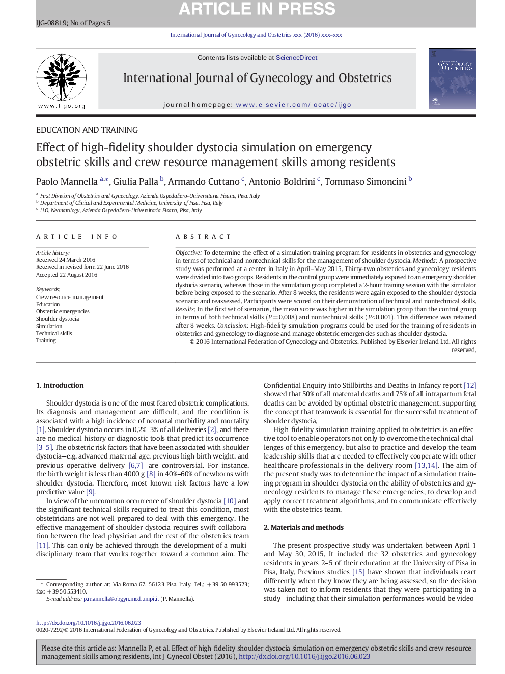 Effect of high-fidelity shoulder dystocia simulation on emergency obstetric skills and crew resource management skills among residents