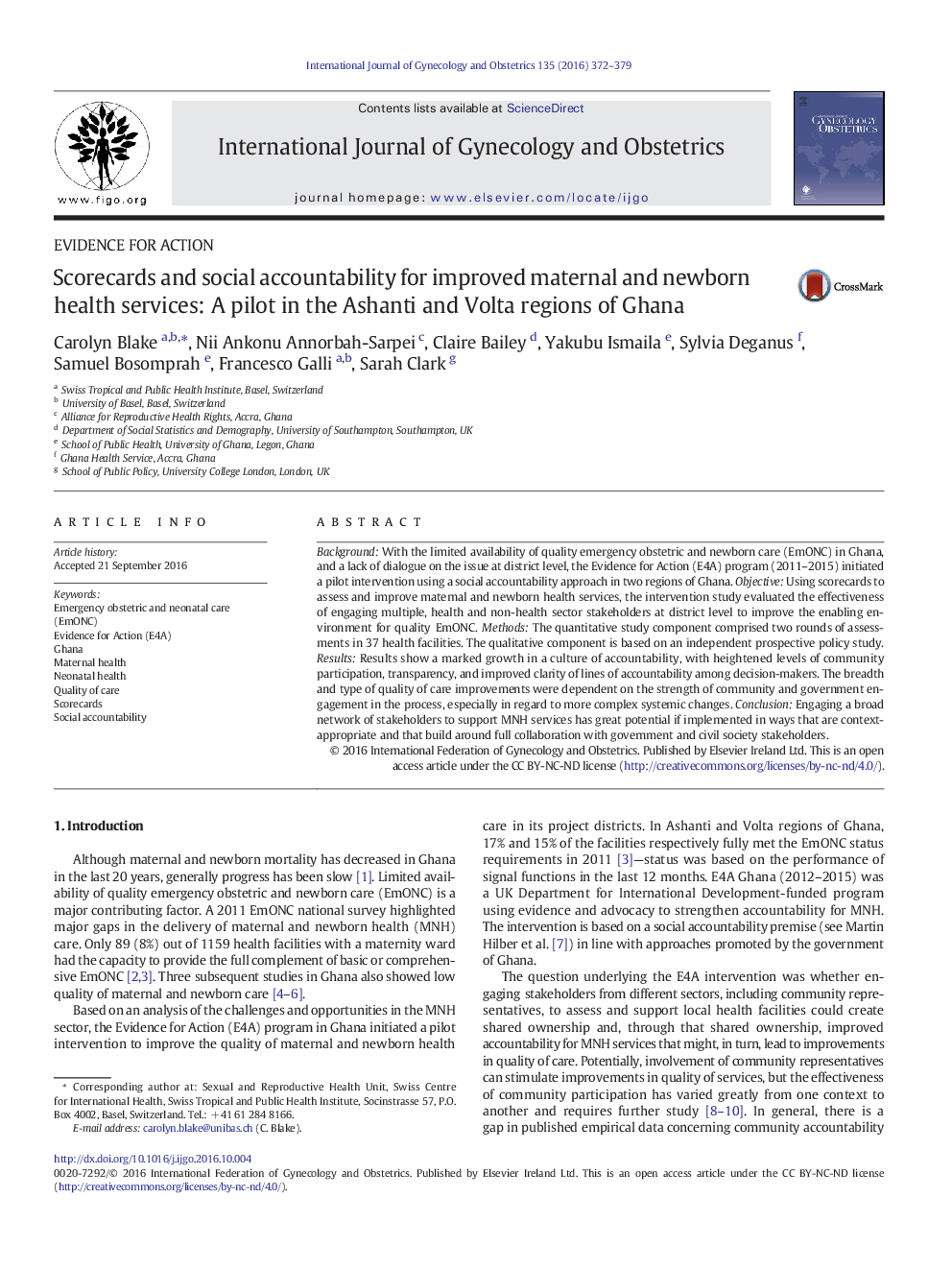 Scorecards and social accountability for improved maternal and newborn health services: A pilot in the Ashanti and Volta regions of Ghana