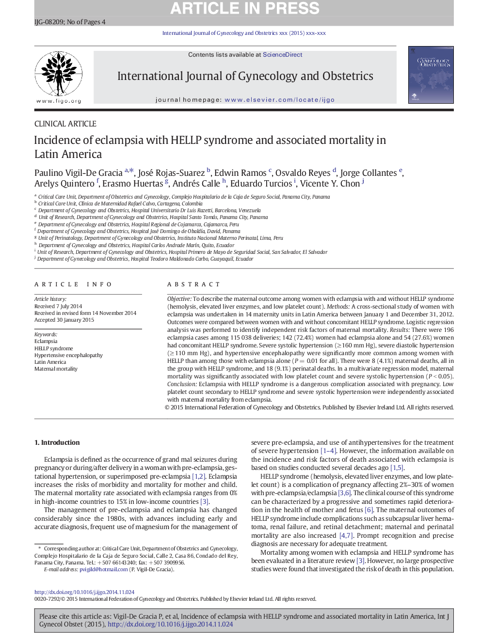 Incidence of eclampsia with HELLP syndrome and associated mortality in Latin America