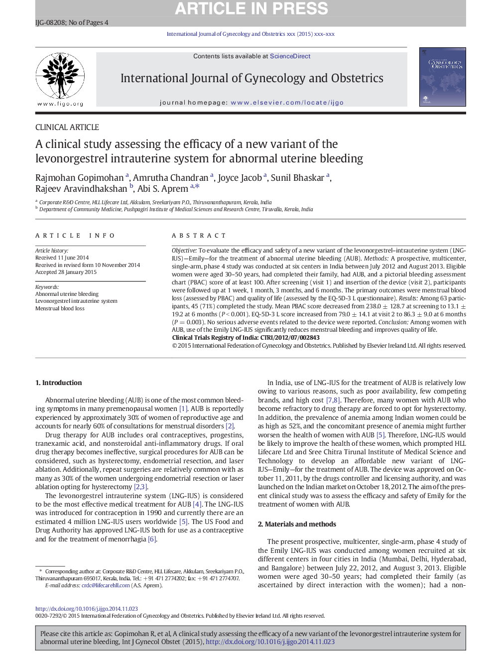 A clinical study assessing the efficacy of a new variant of the levonorgestrel intrauterine system for abnormal uterine bleeding