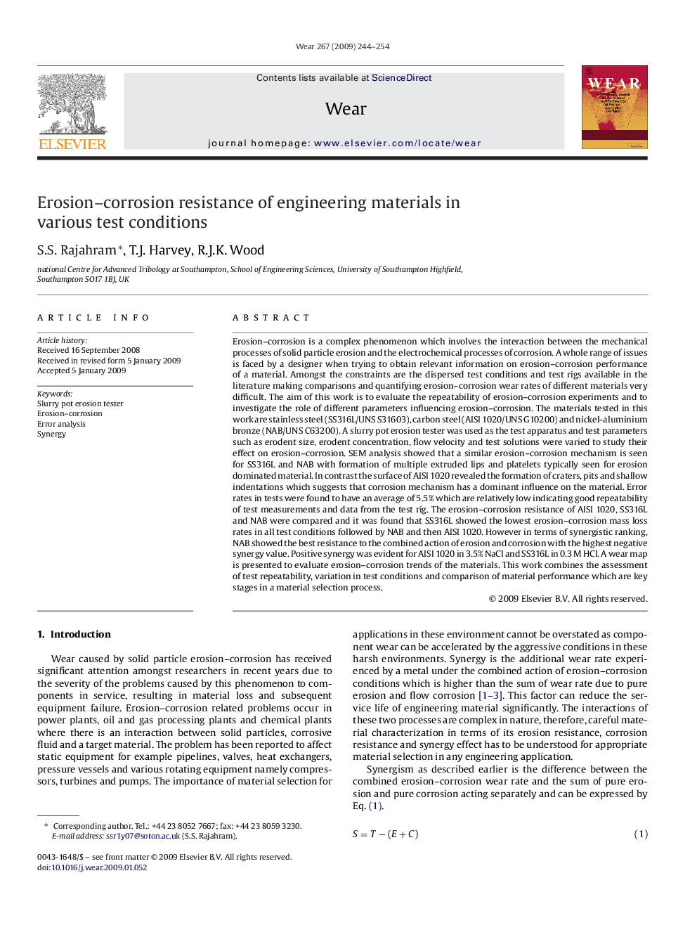 Erosion–corrosion resistance of engineering materials in various test conditions