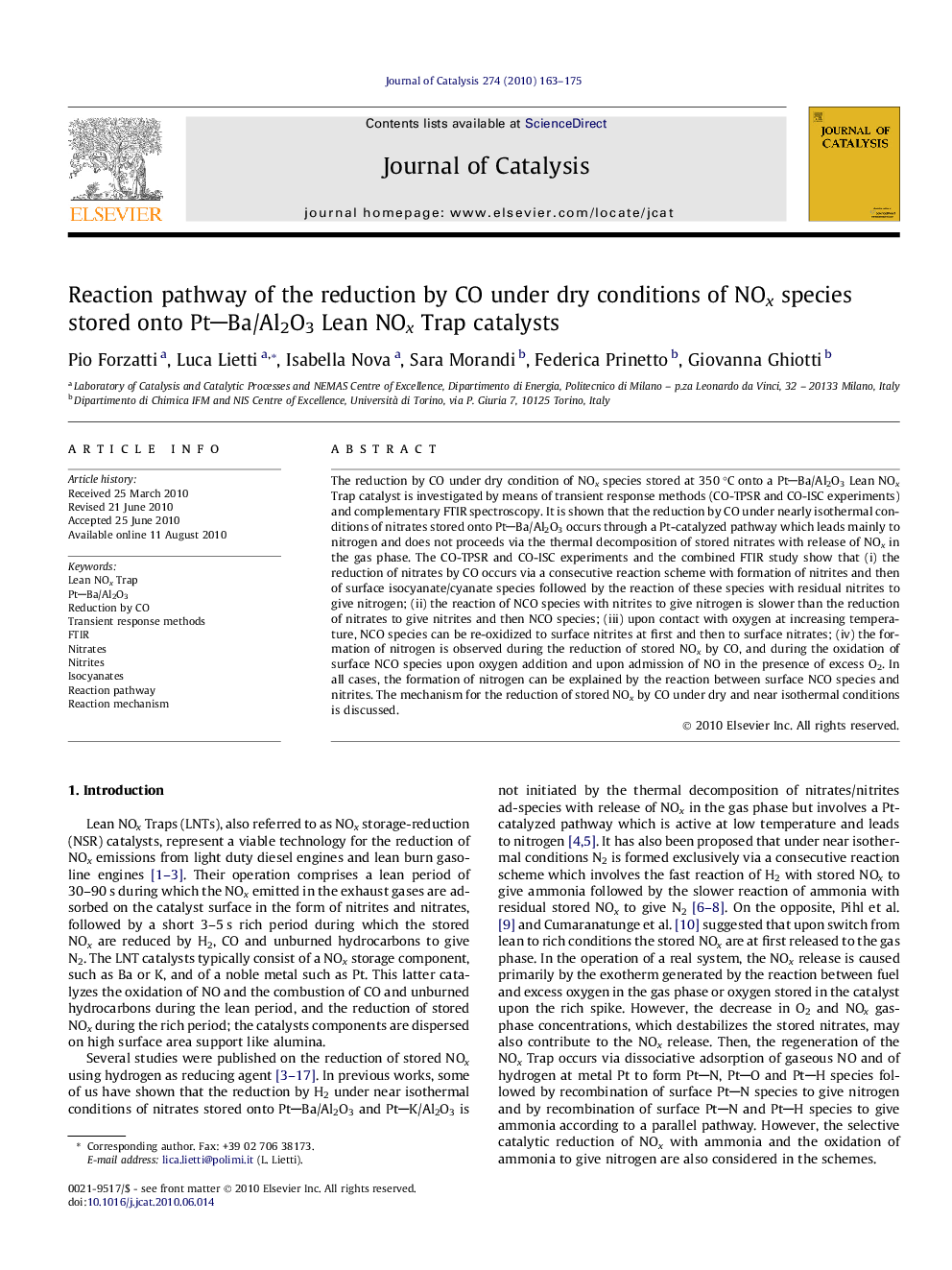 Reaction pathway of the reduction by CO under dry conditions of NOx species stored onto PtBa/Al2O3 Lean NOx Trap catalysts