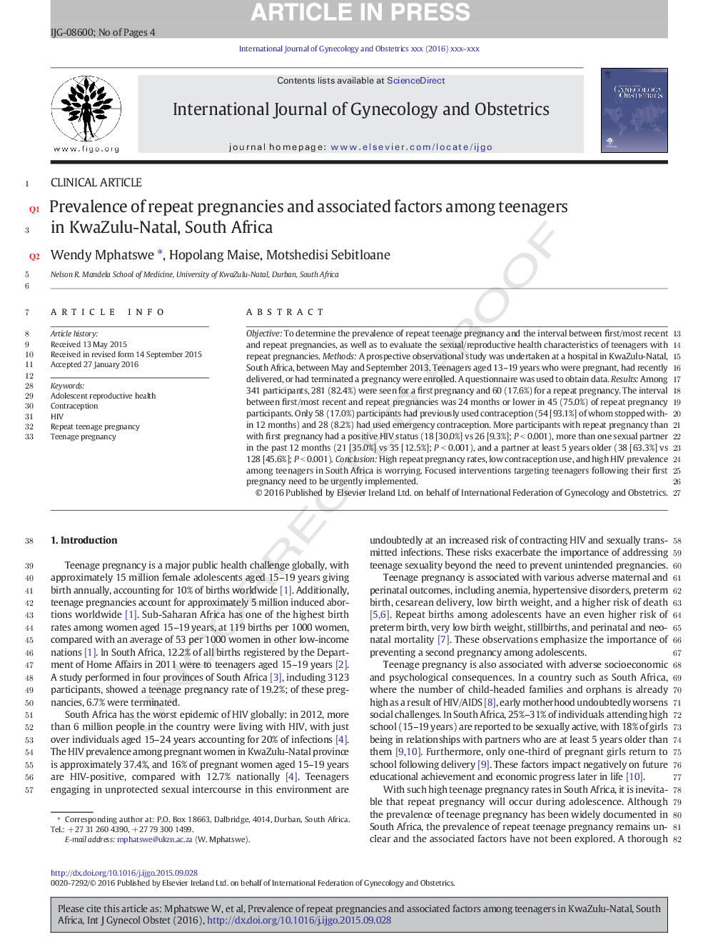 Prevalence of repeat pregnancies and associated factors among teenagers in KwaZulu-Natal, South Africa