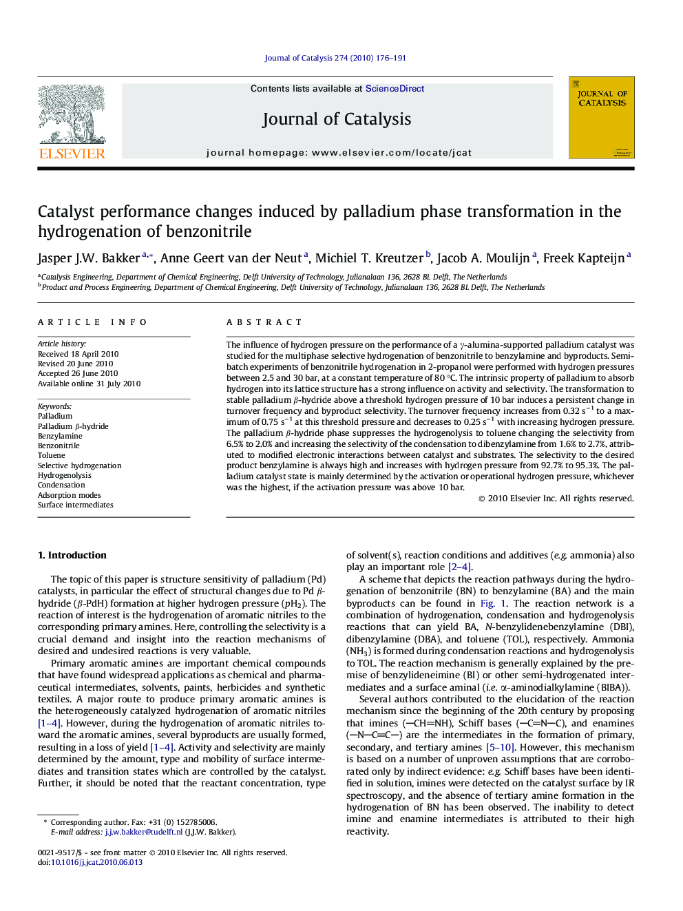 Catalyst performance changes induced by palladium phase transformation in the hydrogenation of benzonitrile