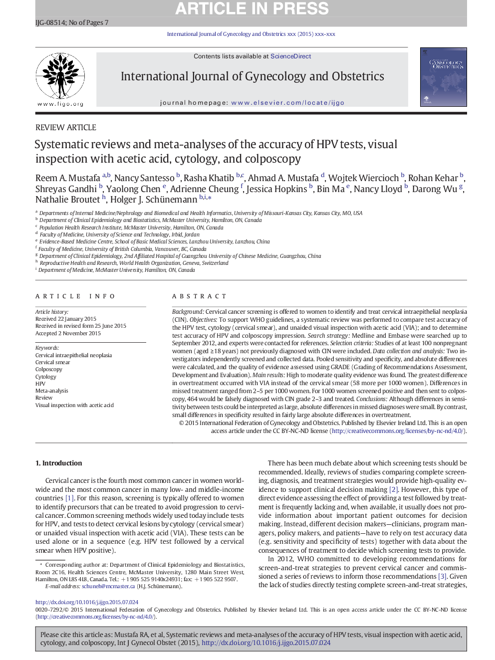 Systematic reviews and meta-analyses of the accuracy of HPV tests, visual inspection with acetic acid, cytology, and colposcopy