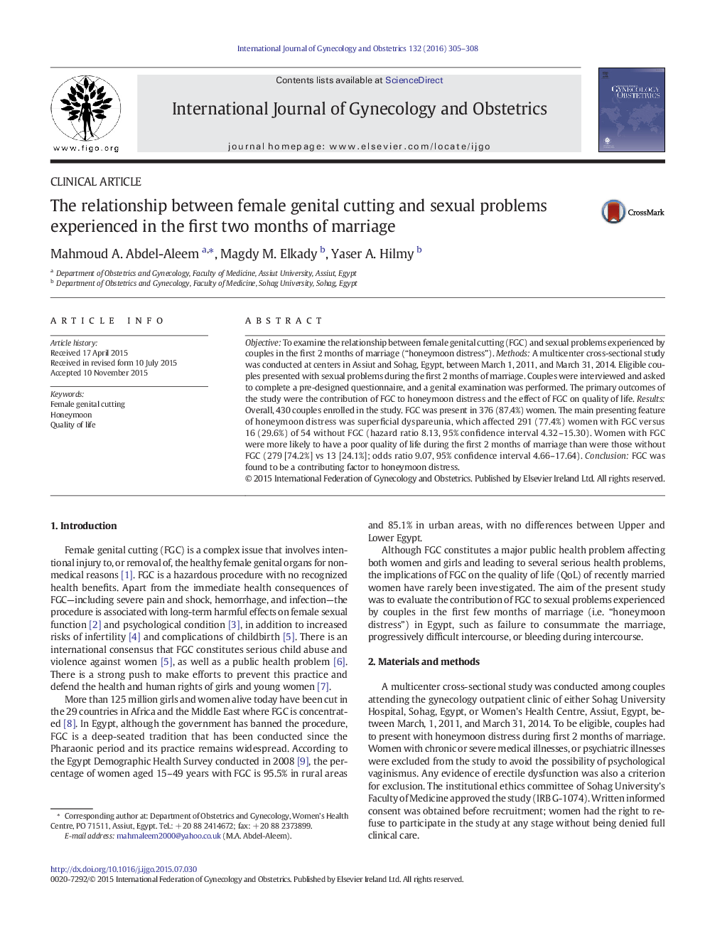 The relationship between female genital cutting and sexual problems experienced in the first two months of marriage