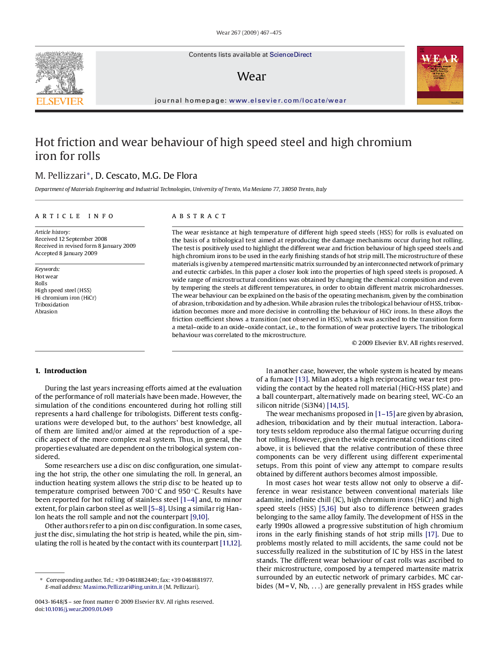 Hot friction and wear behaviour of high speed steel and high chromium iron for rolls