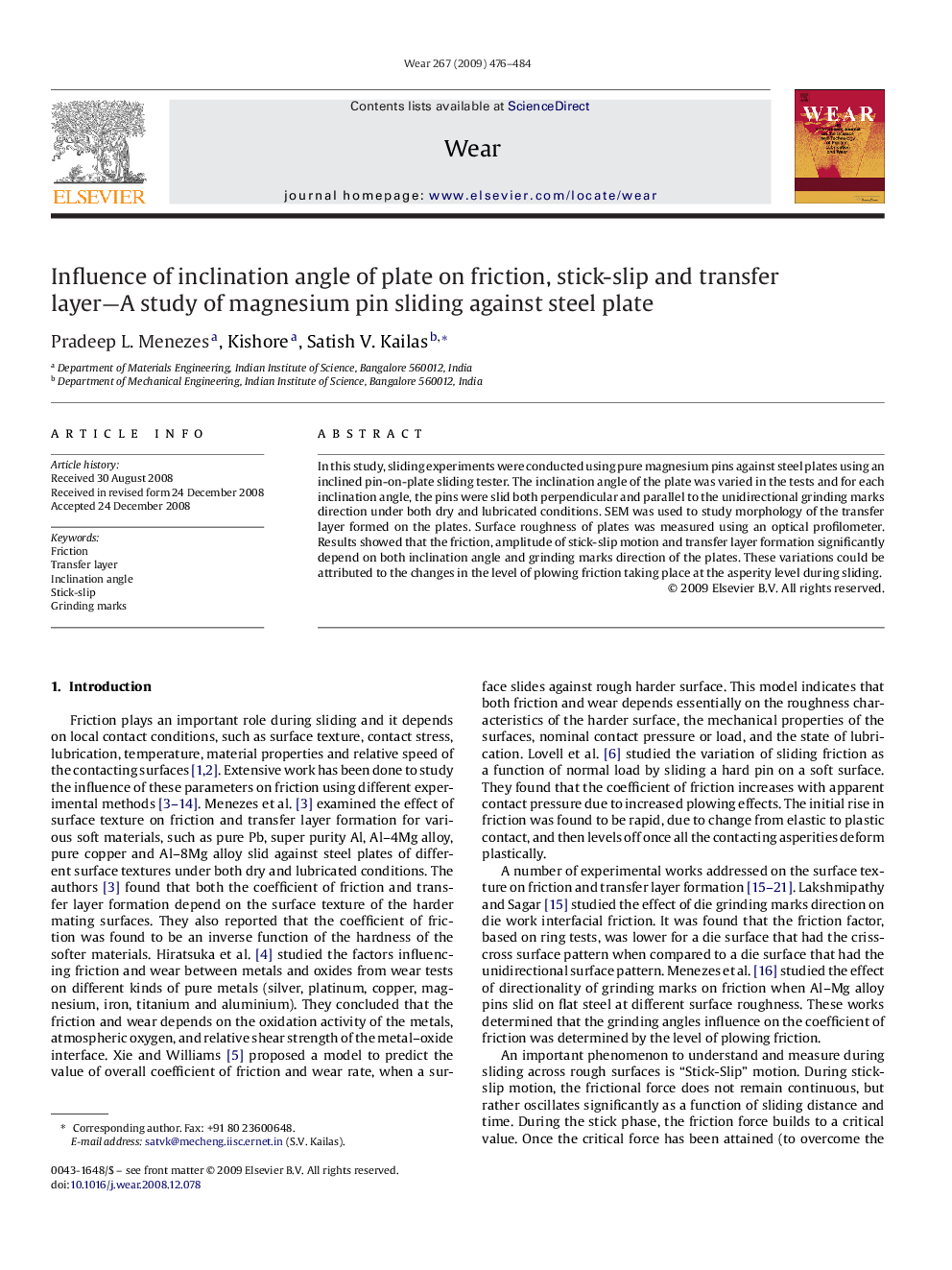 Influence of inclination angle of plate on friction, stick-slip and transfer layer—A study of magnesium pin sliding against steel plate