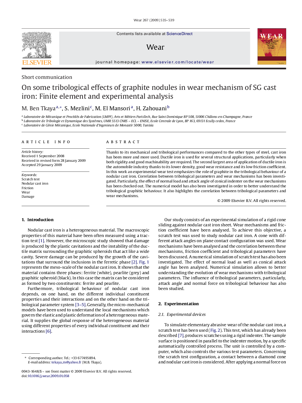 On some tribological effects of graphite nodules in wear mechanism of SG cast iron: Finite element and experimental analysis