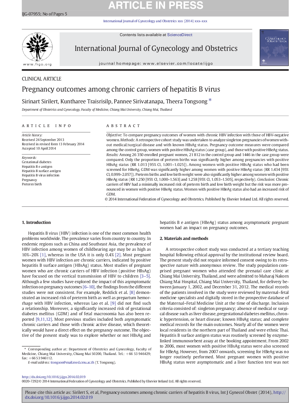 Pregnancy outcomes among chronic carriers of hepatitis B virus