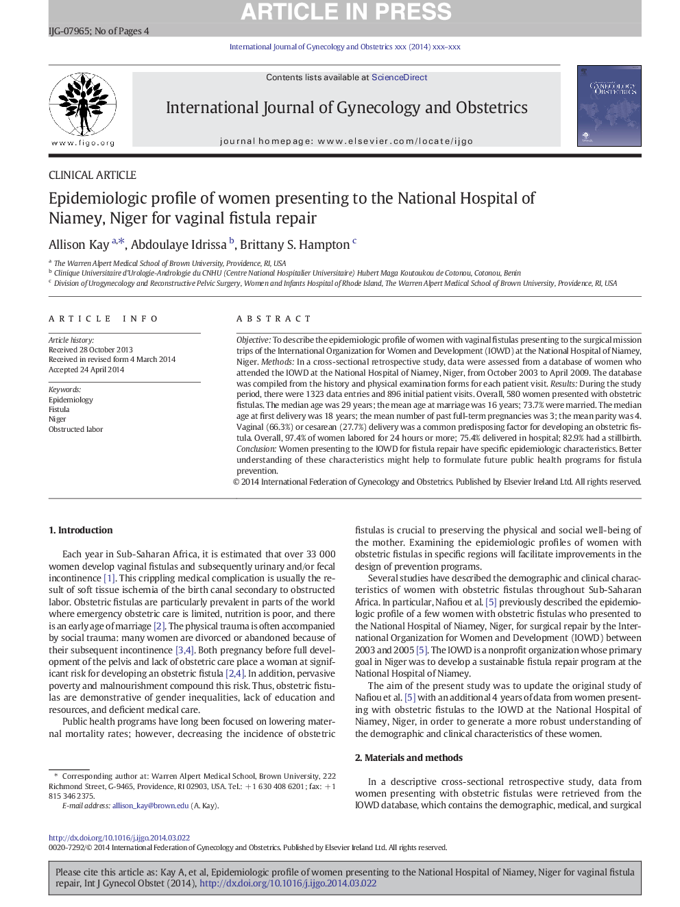 Epidemiologic profile of women presenting to the National Hospital of Niamey, Niger for vaginal fistula repair