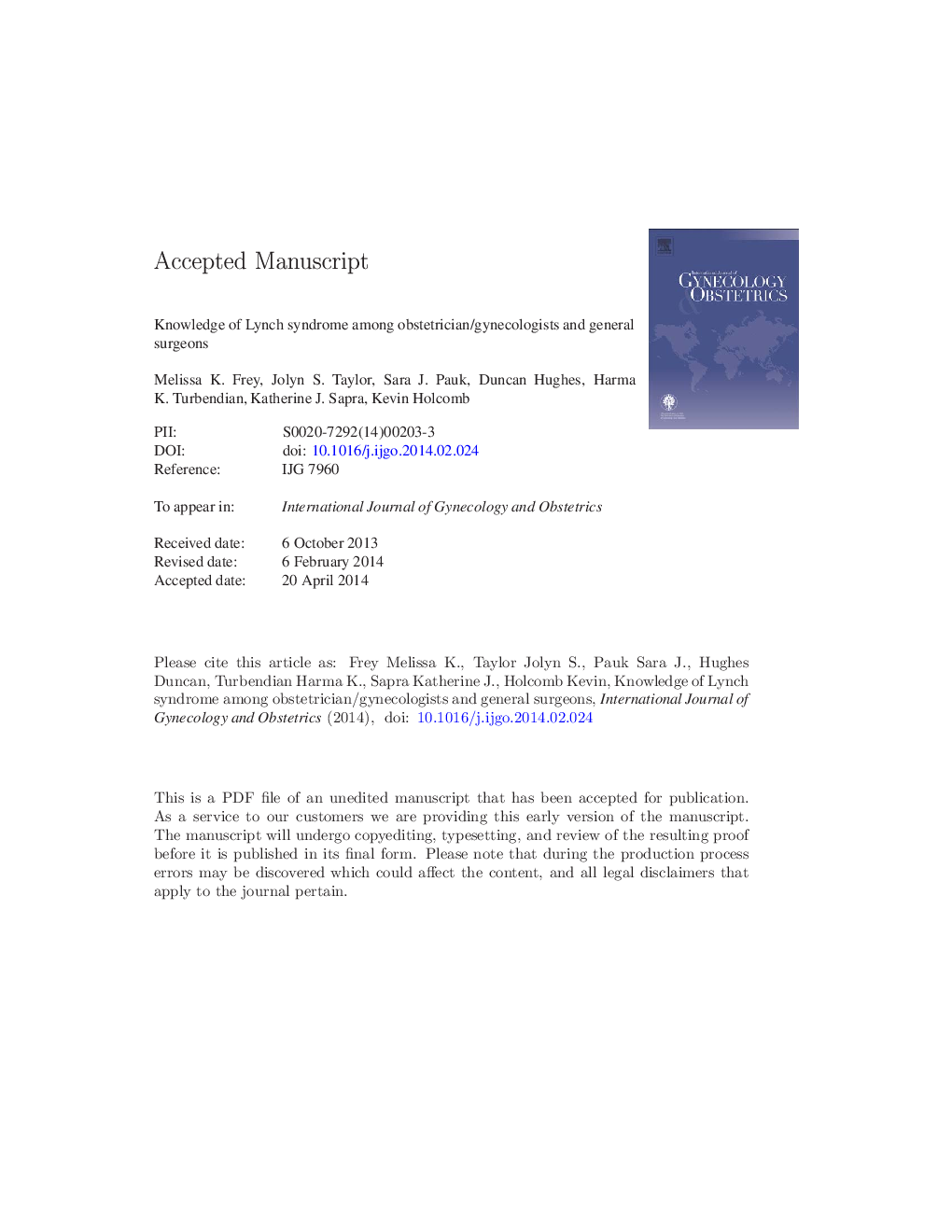 Knowledge of Lynch syndrome among obstetrician/gynecologists and general surgeons