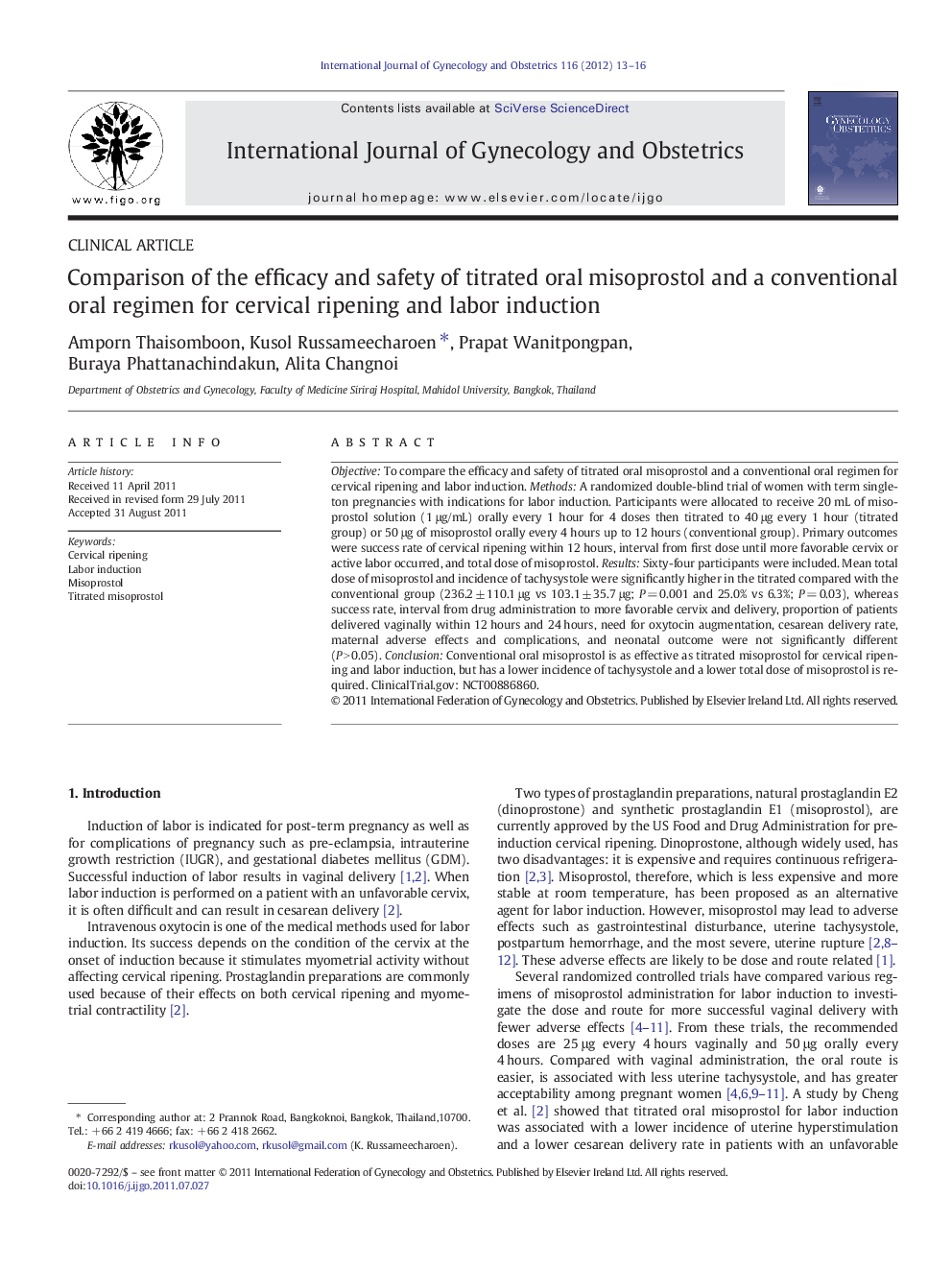 Comparison of the efficacy and safety of titrated oral misoprostol and a conventional oral regimen for cervical ripening and labor induction