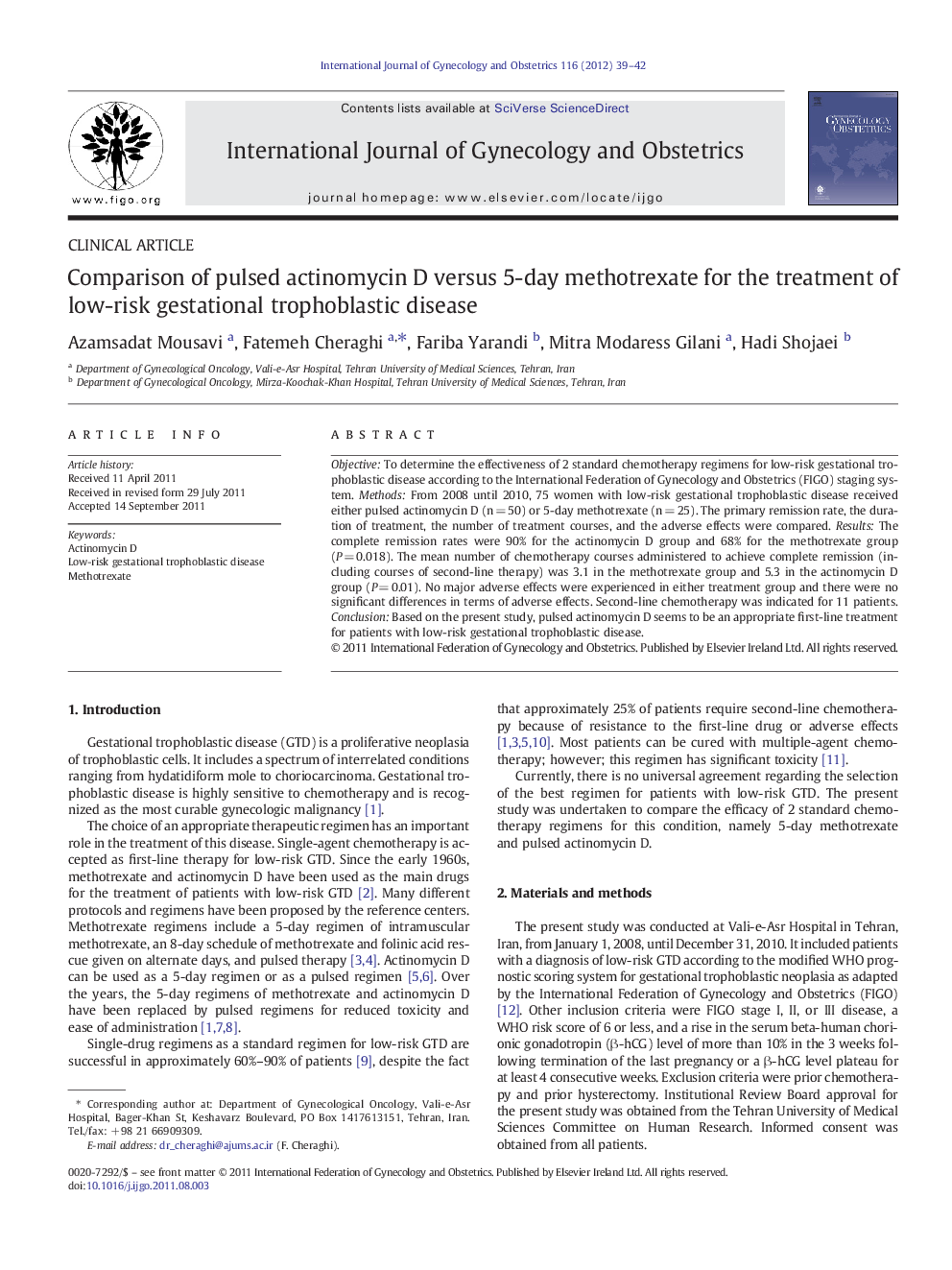 Comparison of pulsed actinomycin D versus 5-day methotrexate for the treatment of low-risk gestational trophoblastic disease