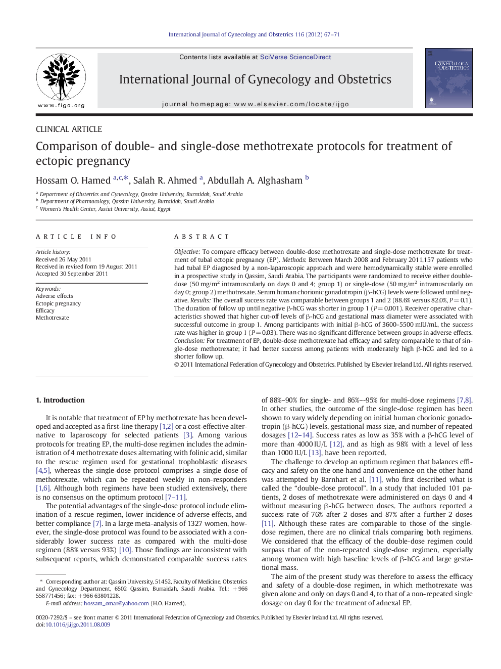 Comparison of double- and single-dose methotrexate protocols for treatment of ectopic pregnancy