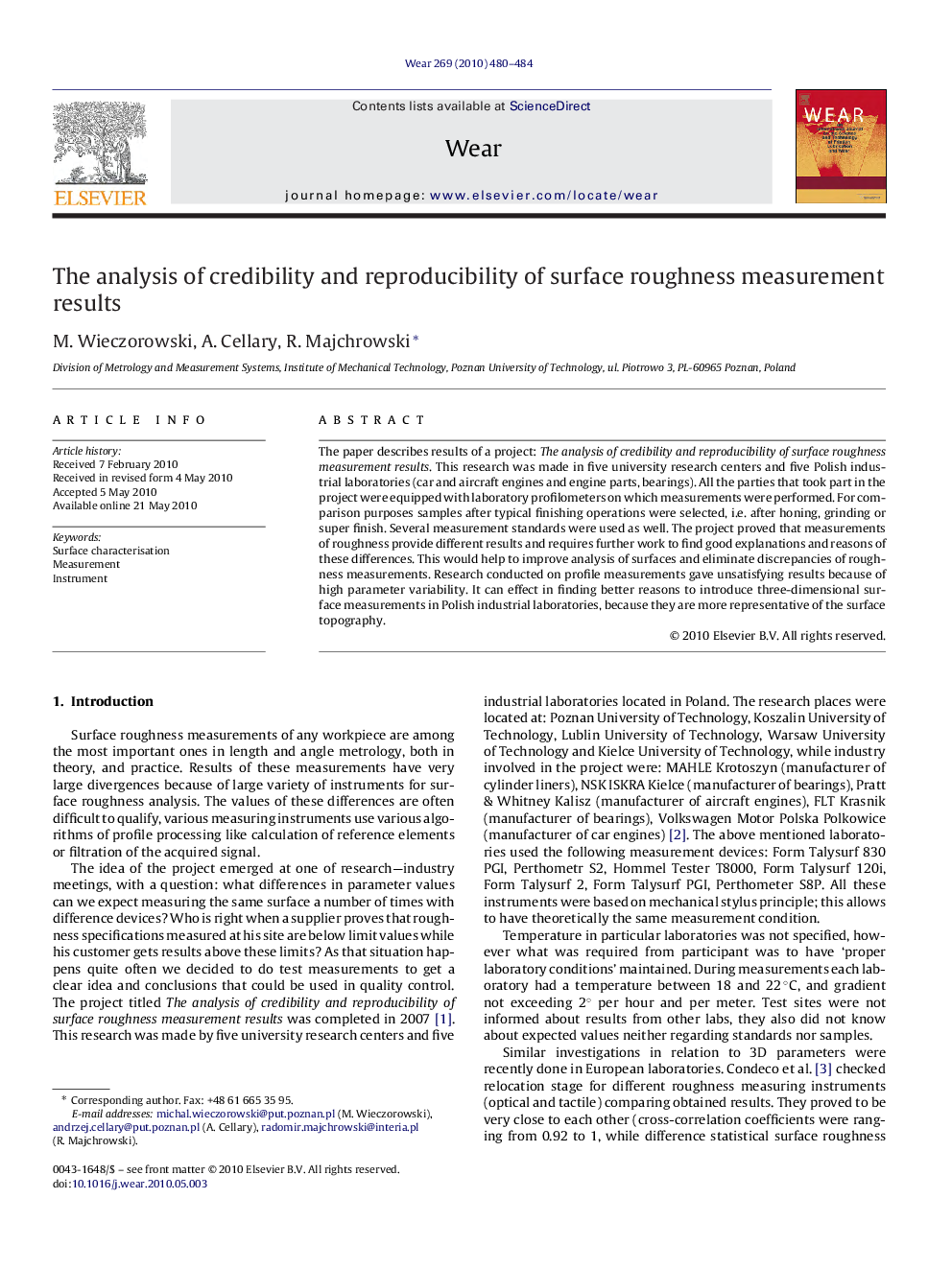 The analysis of credibility and reproducibility of surface roughness measurement results