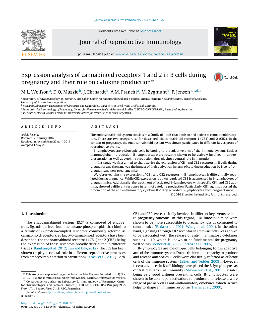 عکس صفحه اول مقاله: Expression analysis of cannabinoid receptors 1 and 2 in B cells during pregnancy and their role on cytokine production Expression analysis of cannabinoid receptors 1 and 2 in B cells during pregnancy and their role on cytokine production