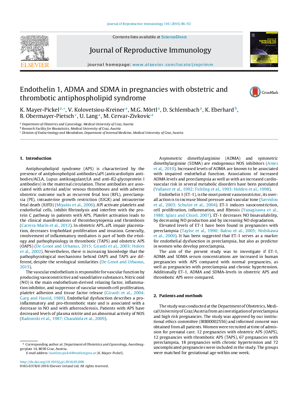 عکس صفحه اول مقاله: Endothelin 1, ADMA and SDMA in pregnancies with obstetric and thrombotic antiphospholipid syndrome Endothelin 1, ADMA and SDMA in pregnancies with obstetric and thrombotic antiphospholipid syndrome