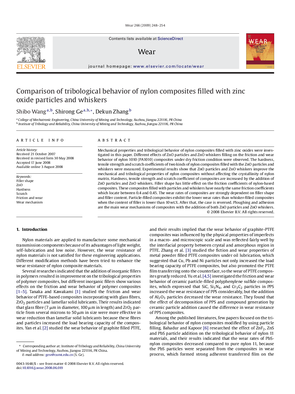 Comparison of tribological behavior of nylon composites filled with zinc oxide particles and whiskers