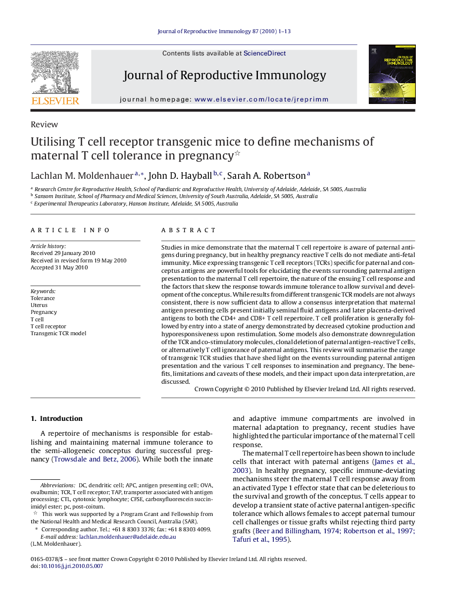 Utilising T cell receptor transgenic mice to define mechanisms of maternal T cell tolerance in pregnancy