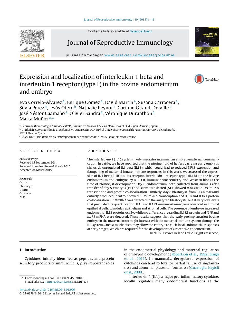 Expression and localization of interleukin 1 beta and interleukin 1 receptor (type I) in the bovine endometrium and embryo