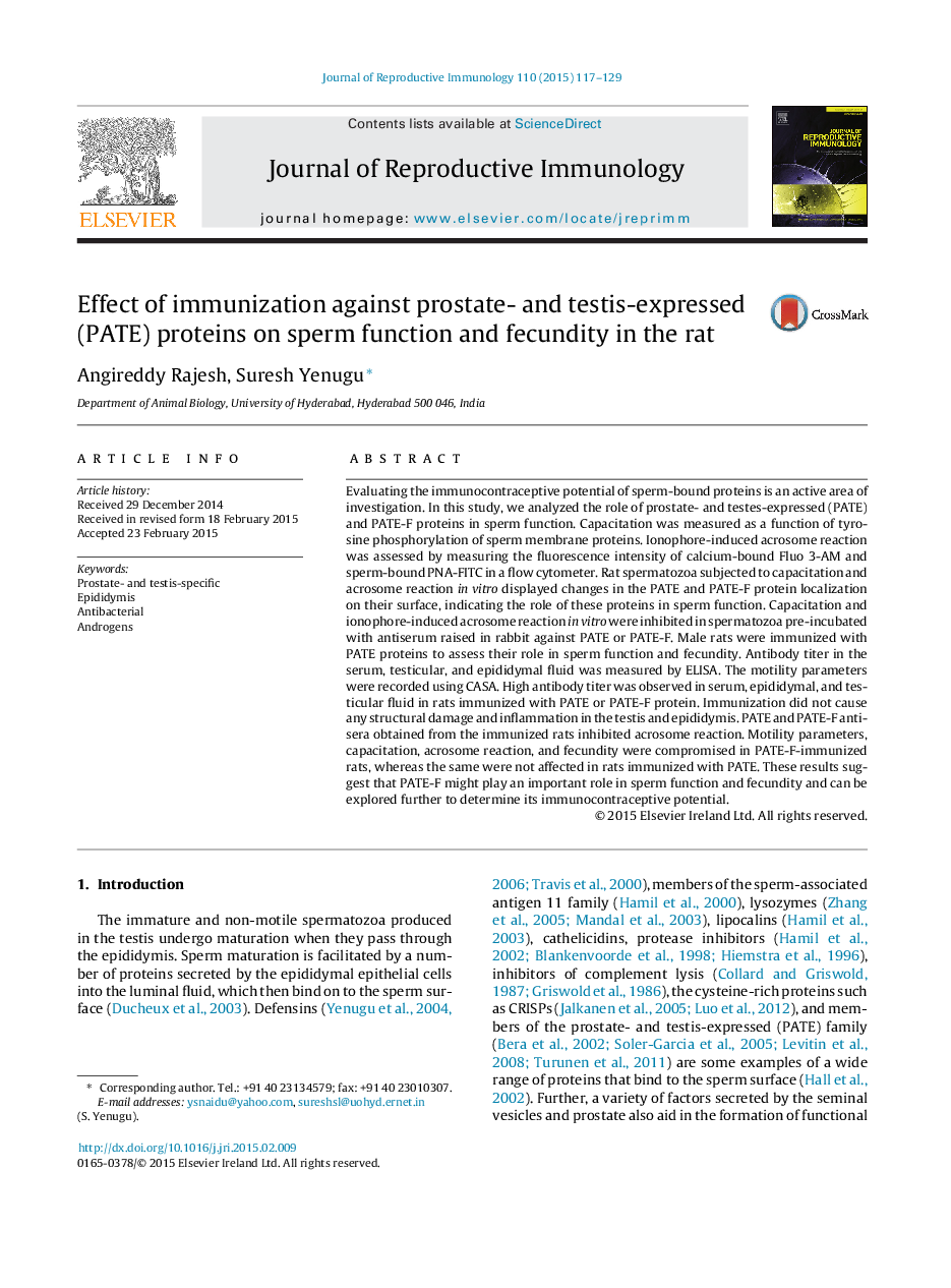 Effect of immunization against prostate- and testis-expressed (PATE) proteins on sperm function and fecundity in the rat