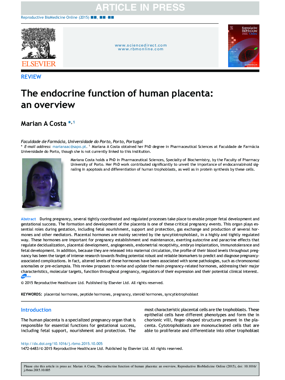 The endocrine function of human placenta: an overview