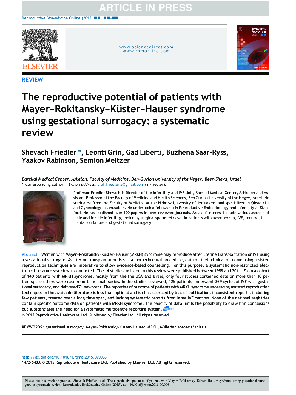 The reproductive potential of patients with Mayer-Rokitansky-Küster-Hauser syndrome using gestational surrogacy: a systematic review