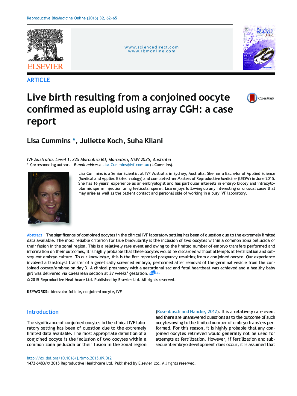 Live birth resulting from a conjoined oocyte confirmed as euploid using array CGH: a case report