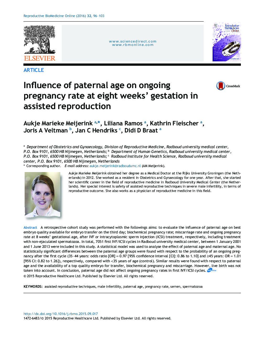 Influence of paternal age on ongoing pregnancy rate at eight weeks' gestation in assisted reproduction