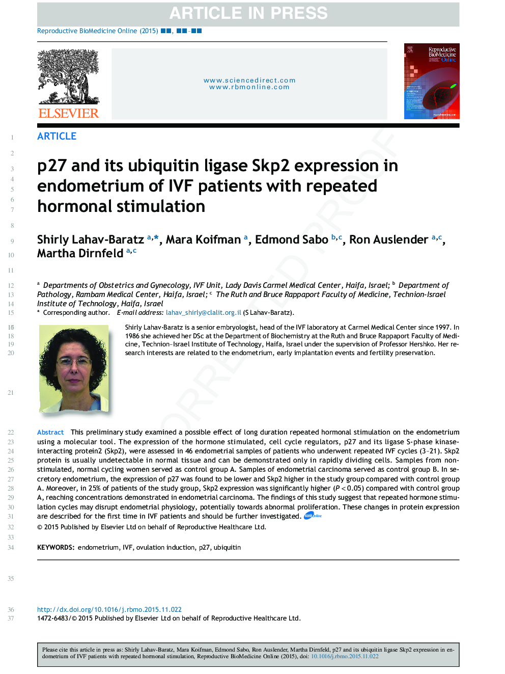 p27 and its ubiquitin ligase Skp2 expression in endometrium of IVF patients with repeated hormonal stimulation