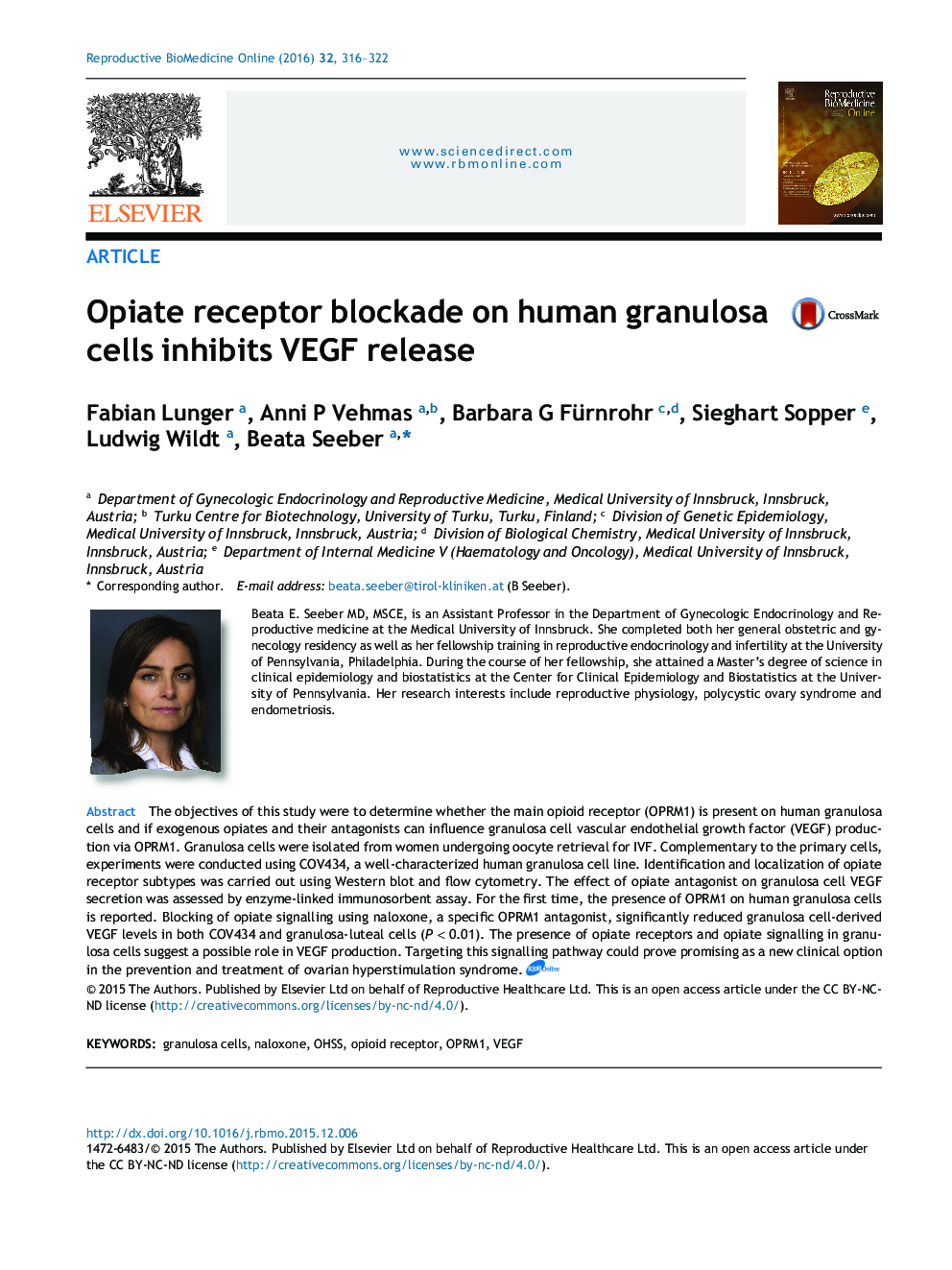 Opiate receptor blockade on human granulosa cells inhibits VEGF release