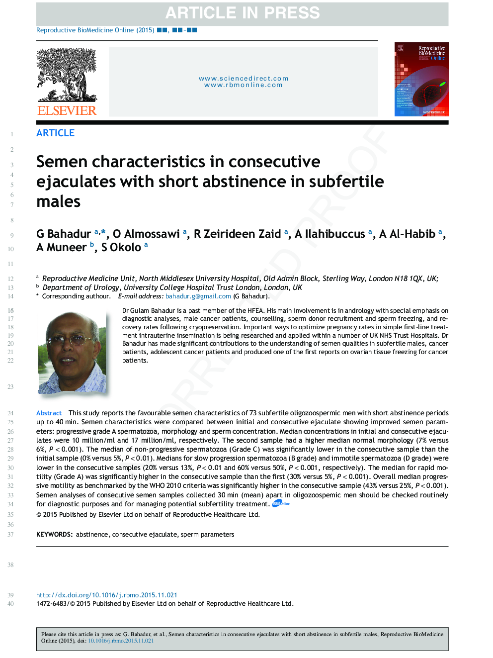 Semen characteristics in consecutive ejaculates with short abstinence in subfertile males