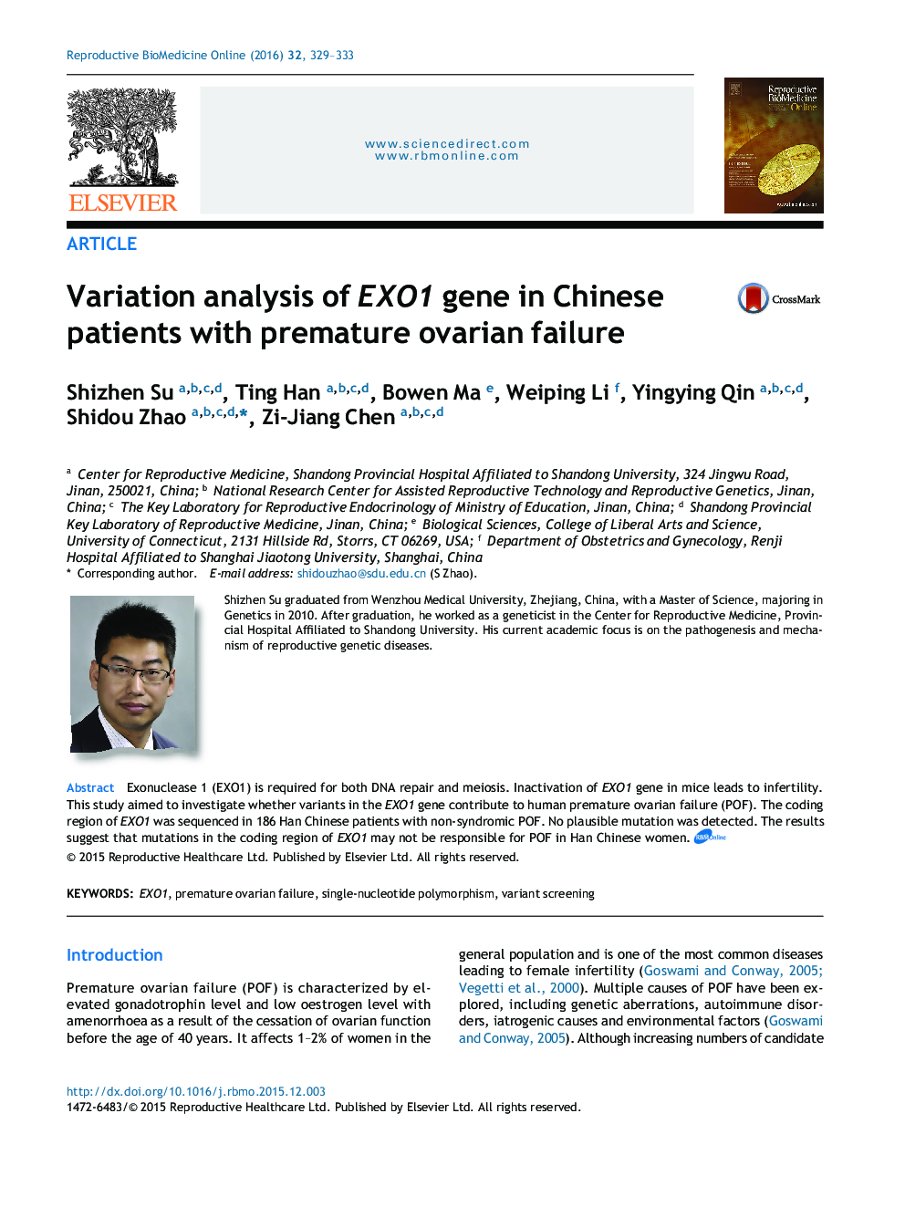 Variation analysis of EXO1 gene in Chinese patients with premature ovarian failure