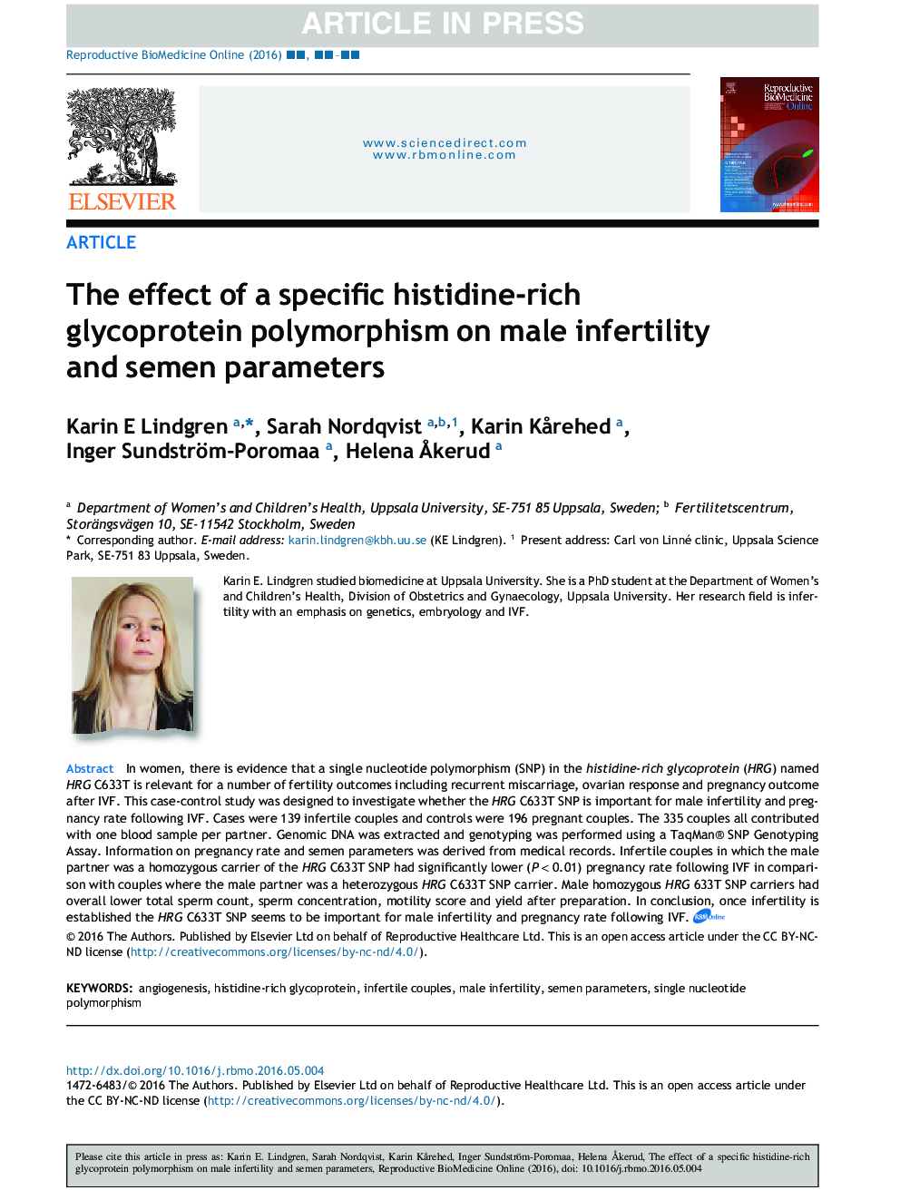 The effect of a specific histidine-rich glycoprotein polymorphism on male infertility and semen parameters