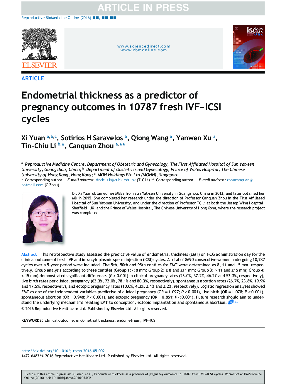 Endometrial thickness as a predictor of pregnancy outcomes in 10787 fresh IVF-ICSI cycles