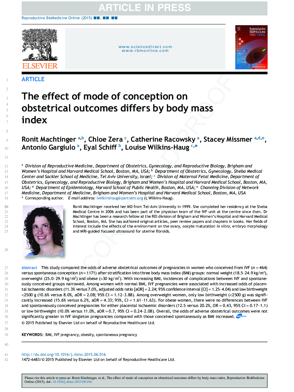 The effect of mode of conception on obstetrical outcomes differs by body mass index