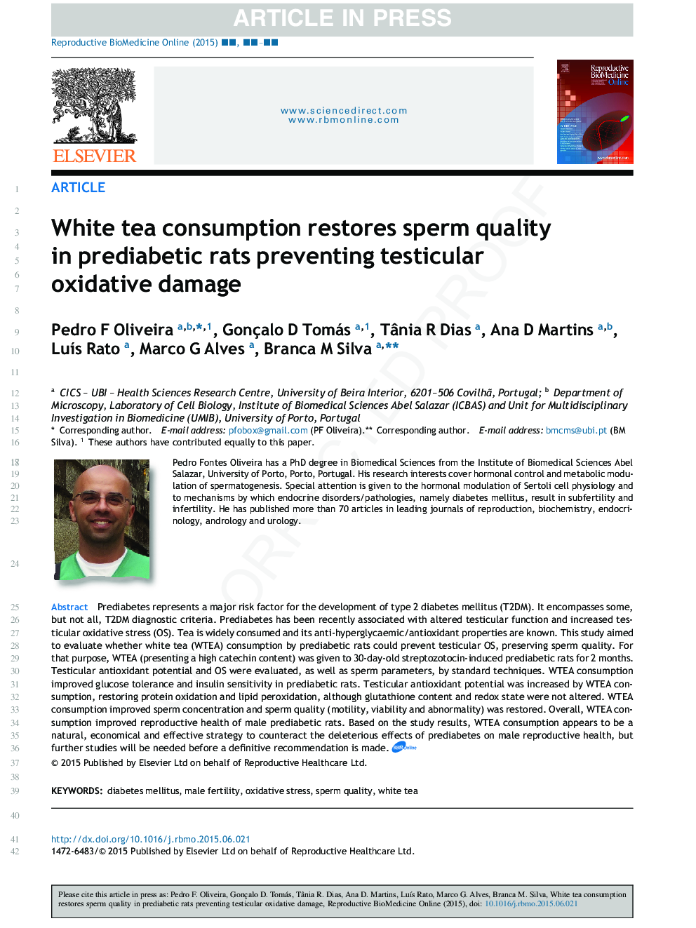 White tea consumption restores sperm quality in prediabetic rats preventing testicular oxidative damage