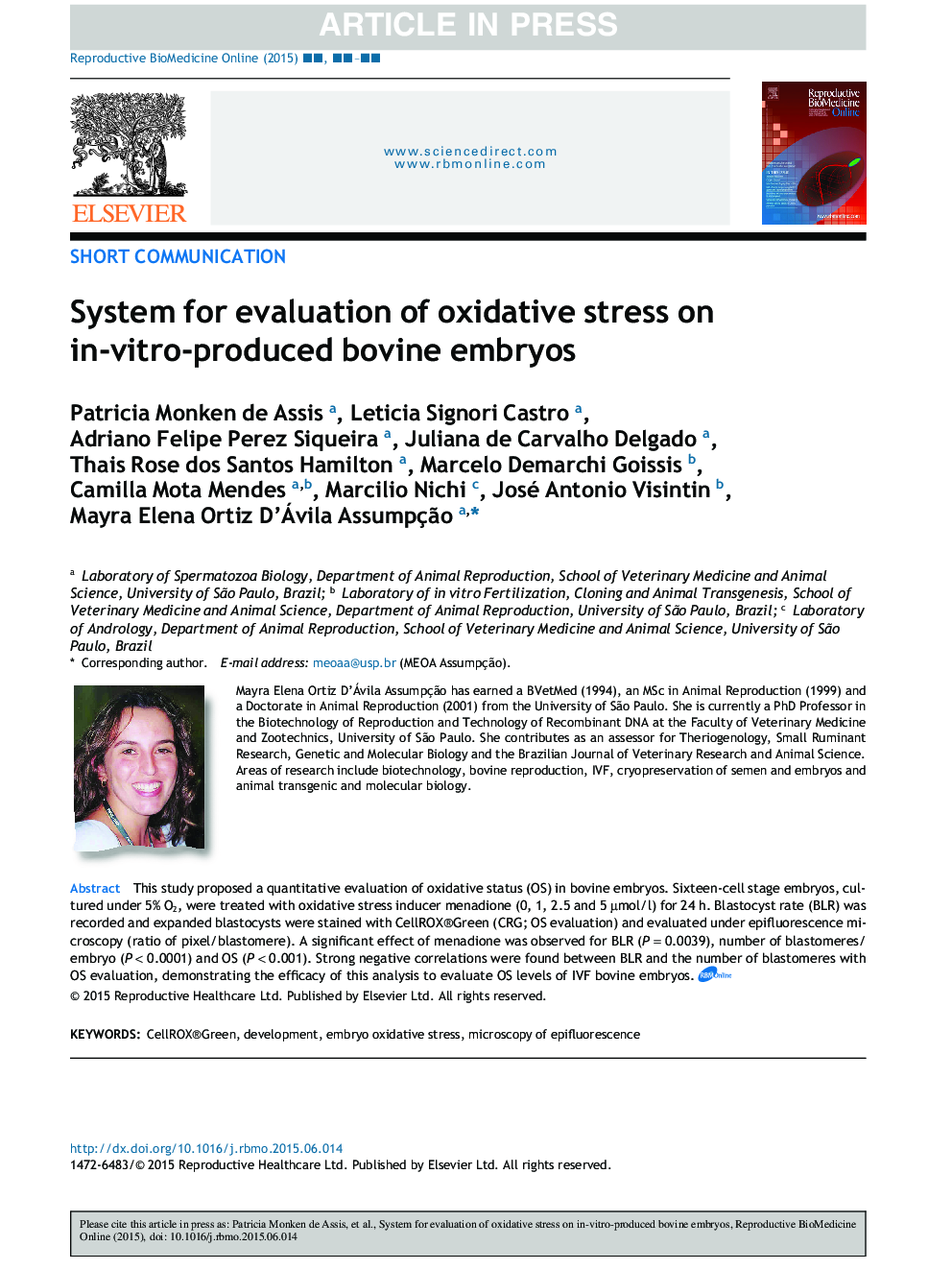 System for evaluation of oxidative stress on in-vitro-produced bovine embryos