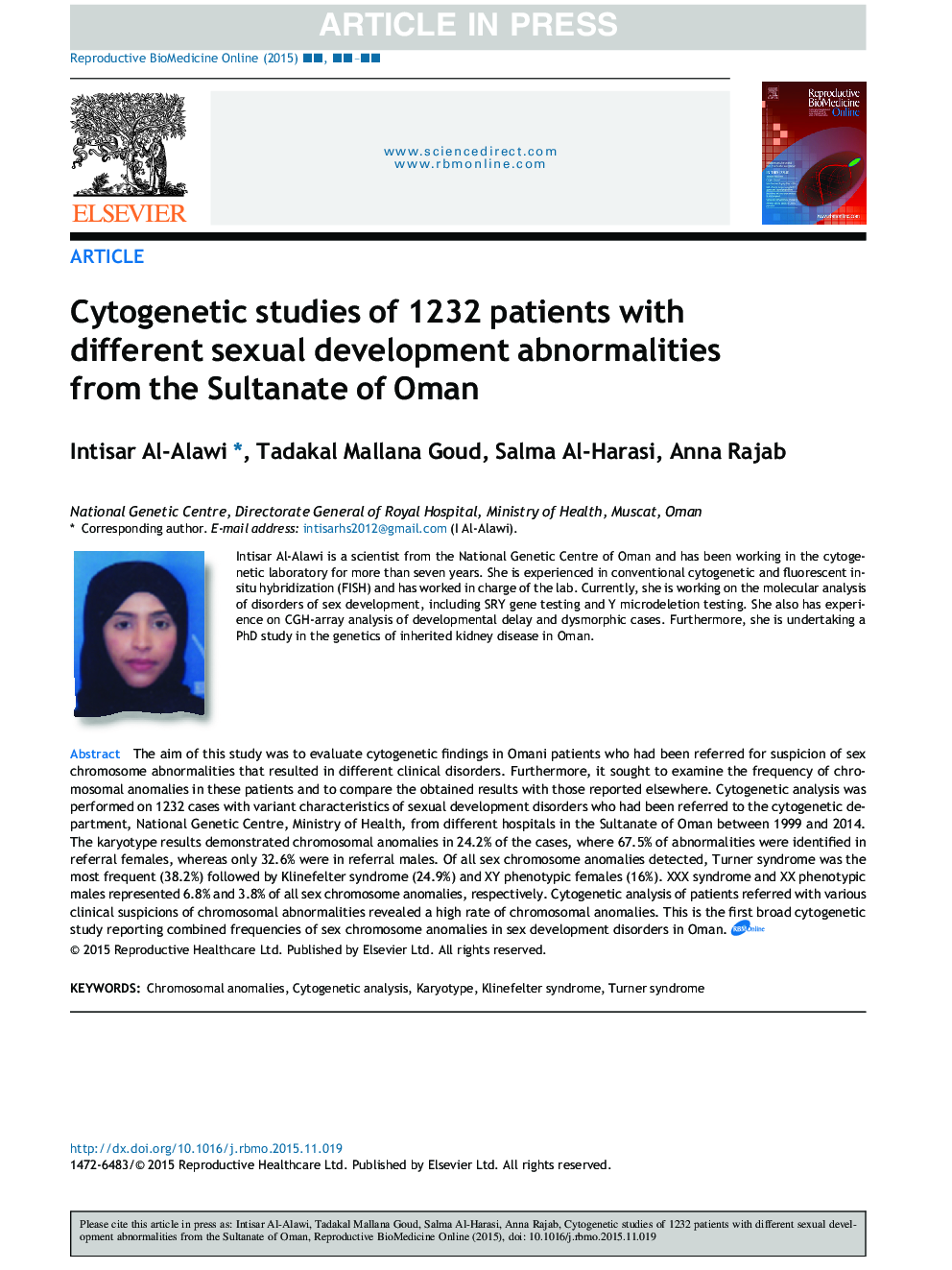 مطالعات سیتوژنتیک 1232 بیمار مبتلا به اختلالات مختلف رشد جنسی از سوی سلطان عمان 