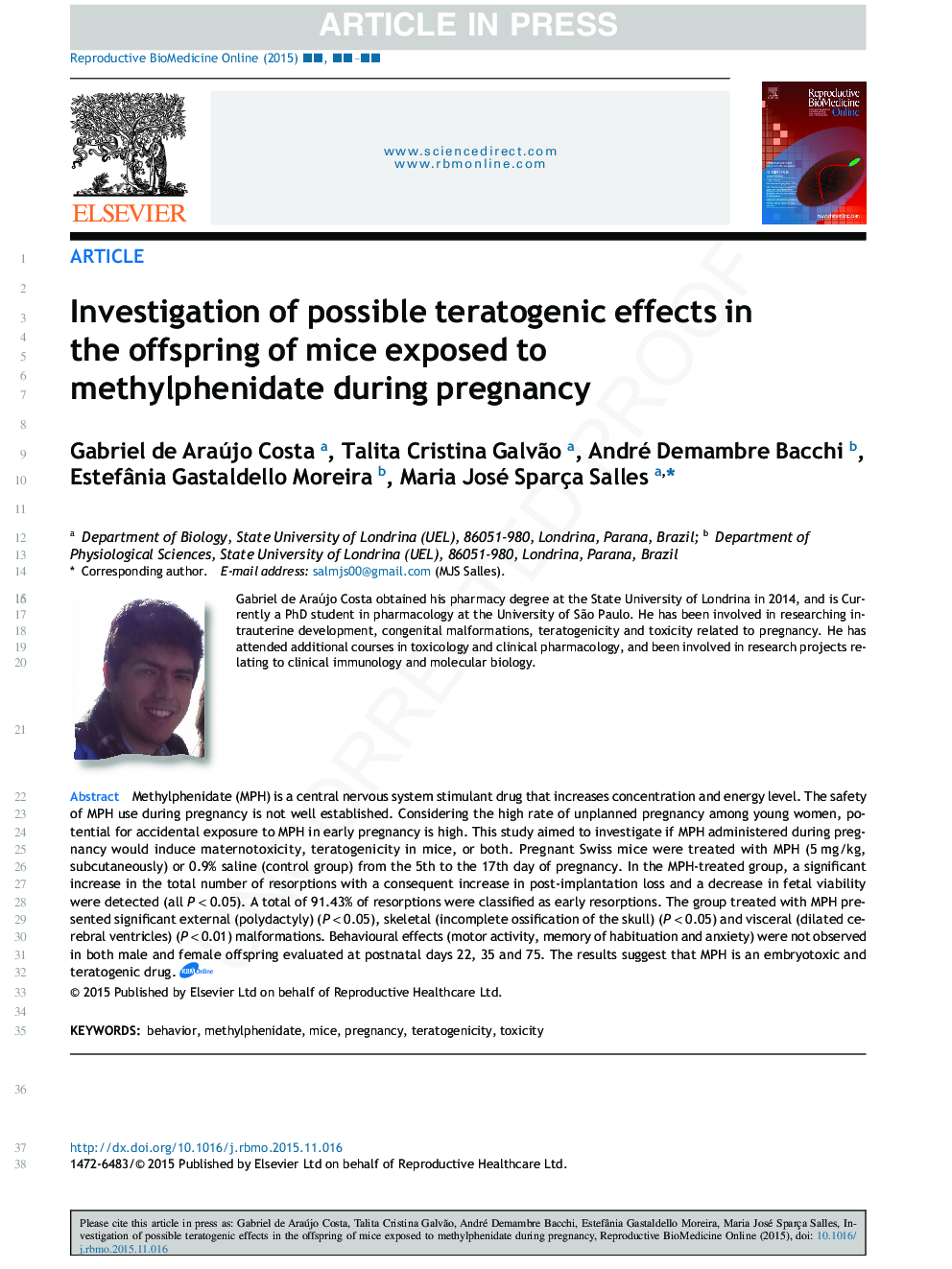 Investigation of possible teratogenic effects in the offspring of mice exposed to methylphenidate during pregnancy