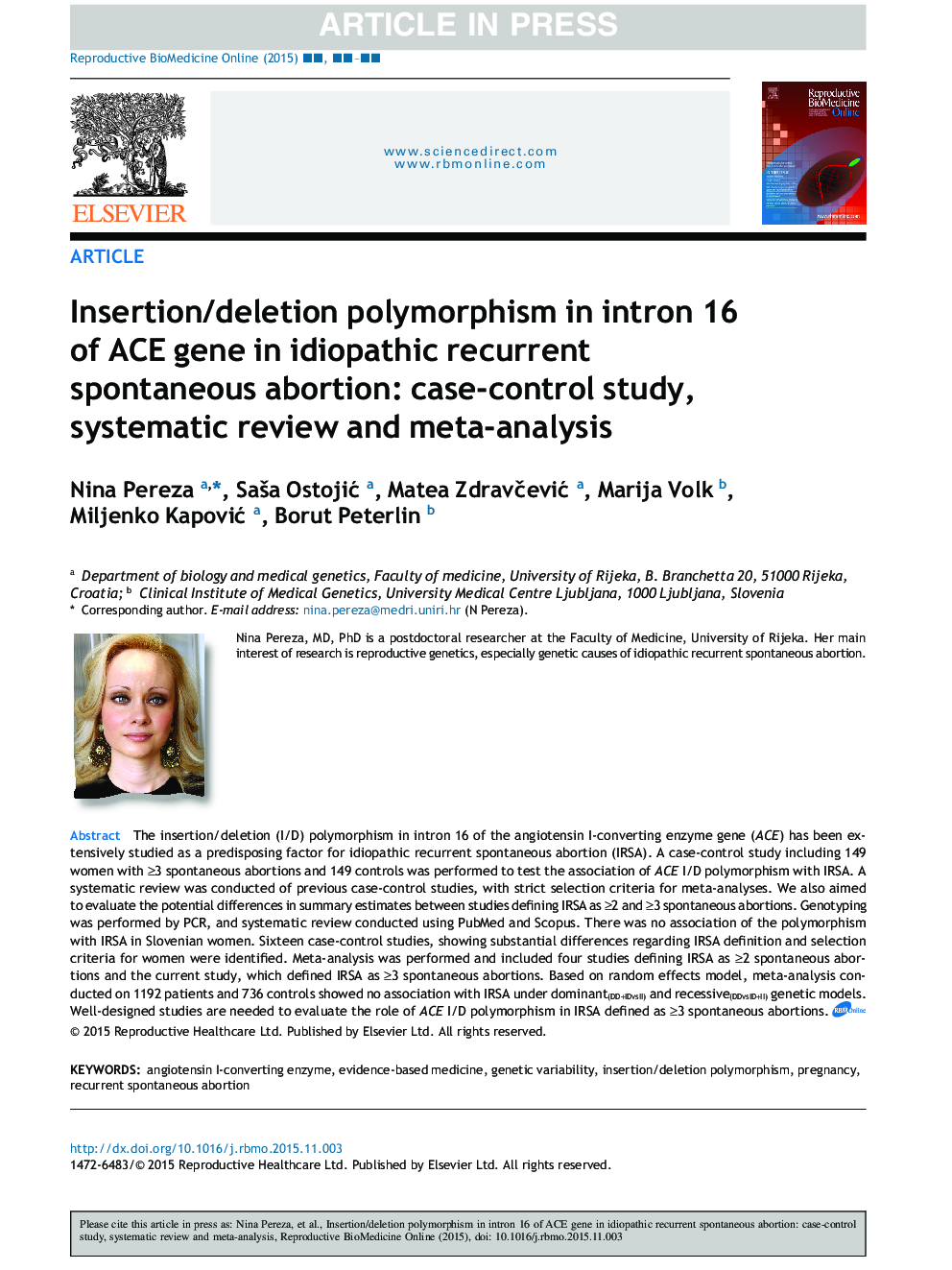 Insertion/deletion polymorphism in intron 16 of ACE gene in idiopathic recurrent spontaneous abortion: case-control study, systematic review and meta-analysis